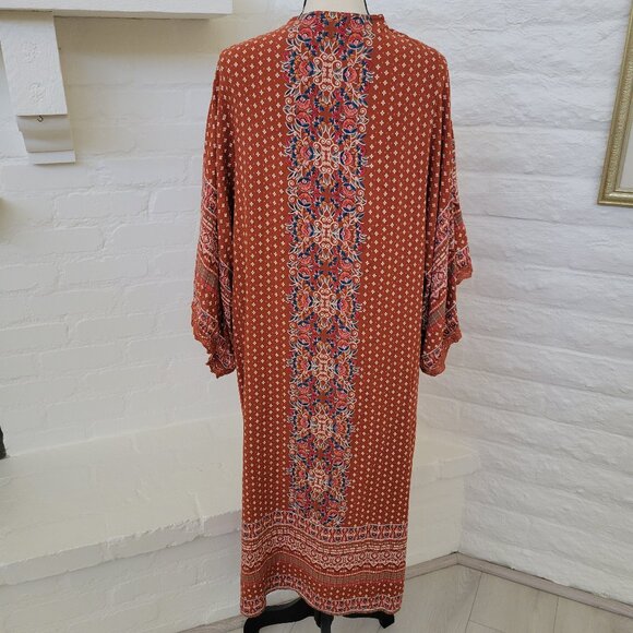 Angie Womens Kimono Duster Small Long Rust Orange Red Floral Polka Dot Pattern - Picture 7 of 10